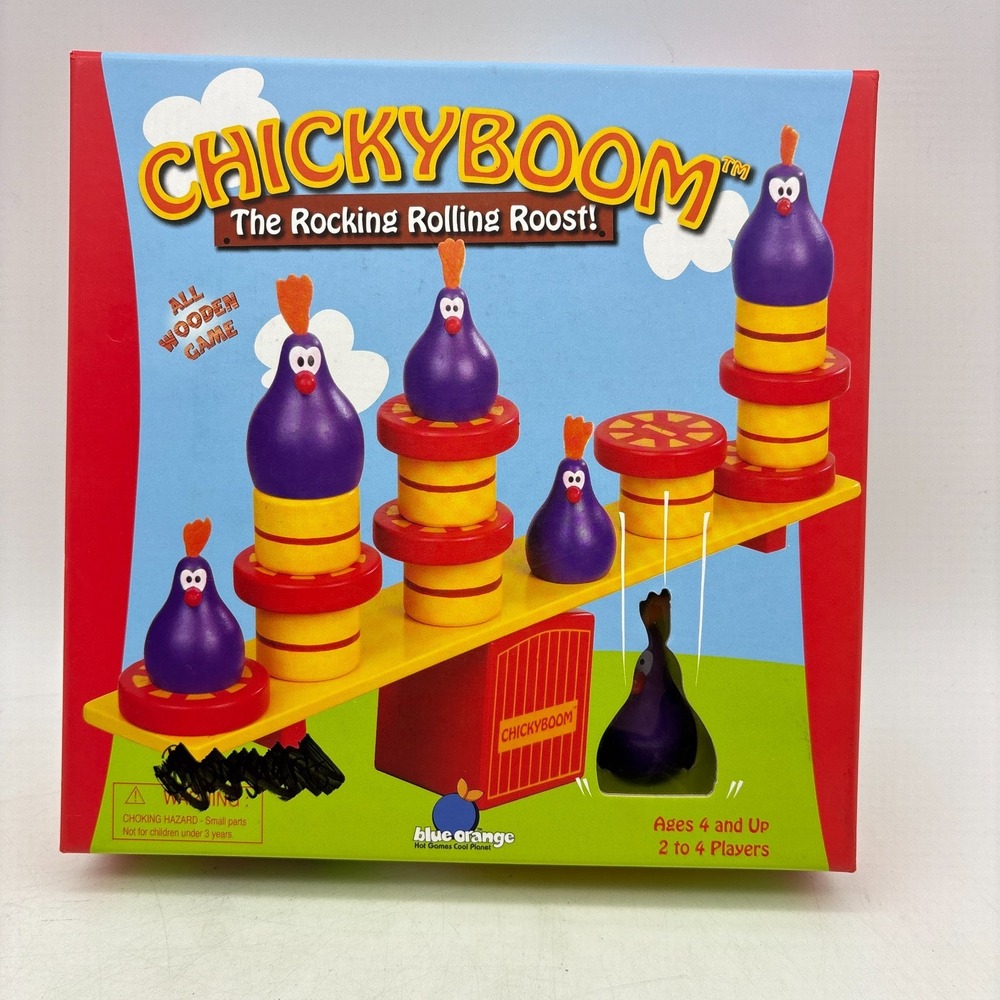 Chickyboom Balancing Game COMPLETE Blue Orange 2008 Preschool Wooden Animals